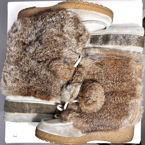COACH Maryann Tan Suede & Rabbit Fur Beaded Platform Boots with Pom Pom 7.5 - Picture 4 of 11
